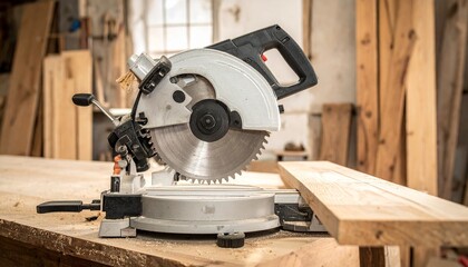 Fototapeta premium A close-up shot of a miter saw resting on a wooden workbench with a wooden board.