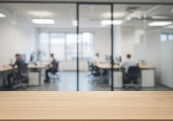 Empty light wood desk surface in the foreground with a blurred, modern office background for product mockups