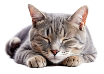 Beautiful sleeping grey cat like man sleeping style isolated on a white background
