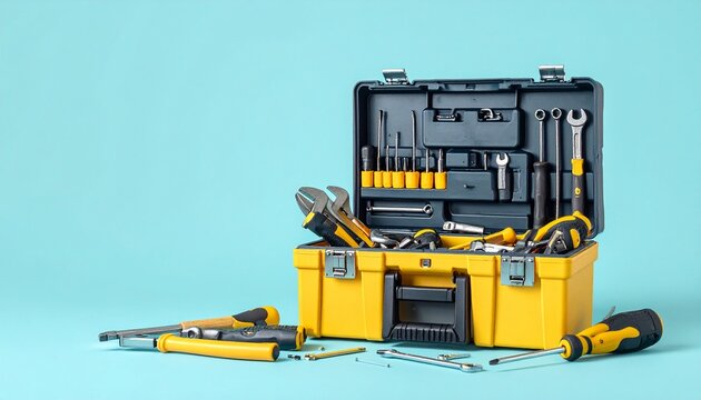 Open yellow toolbox with various tools inside and scattered around on a light blue background.