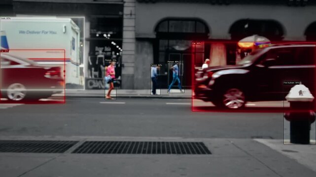 Street surveillance with AI multi-object detection system identifying vehicles, trucks, and pedestrians with confidence percentages. Computer vision tracking multiple objects simultaneously.