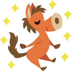 手描きのゆるい馬キャラクター(年賀、干支、午、キラキラ付)