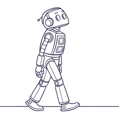 A friendly cartoon robot with a round head and antennae is depicted in a simple outline style walking confidently from left to right across a white background