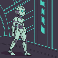 A friendly looking humanoid robot with glowing blue eyes and a light green metallic body walks through a futuristic city street with geometric patterns and glowing blue lines