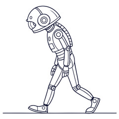 A lonely anthropomorphic robot with a rounded helmet and segmented body walks with a dejected posture conveying a sense of sadness or contemplation in a simple line drawing