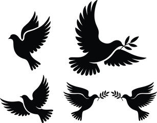 Peace dove silhouette set, flying bird icons with olive branch, love and freedom symbols, wedding, spirituality, hope and harmony illustration