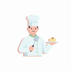 A Smiling Chef Holding a Slice of Cake, Ready to Serve in a Modern, Flat Design Illustration