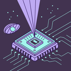 Abstract digital illustration of a futuristic microchip with a beam of light emanating from its center surrounded by circuit board traces and celestial elements