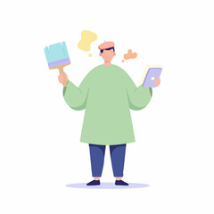 Friendly male barista character in a blue apron holding a fresh cup of coffee with heart-shaped latte art, a charming flat design vector illustration