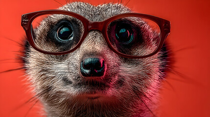 A cunning meerkat wearing oversized glasses, standing alert against a bright coral backdrop