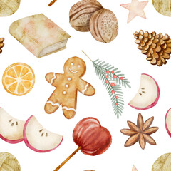 A seamless digital watercolor pattern featuring gingerbread men, candy apples, nuts, and slices of fruit, perfect for holiday food and baking backgrounds.