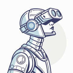 Stylized illustration of a futuristic robot wearing virtual reality goggles depicted in profile against a simple grey circular background embodying technology and innovation