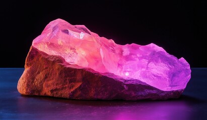 Large multicolored plastic rock lit up with pink and purple lights carved to resemble crystal or gemstone on empty surface against black background, abstract decorative art object