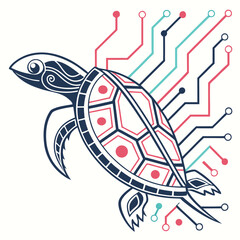 Stylized sea turtle with intricate geometric patterns on its shell and head connected by digital circuit lines and nodes in a modern abstract design