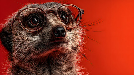 A cunning meerkat wearing oversized glasses, standing alert against a bright coral backdrop