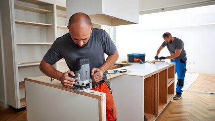 Two carpenters assembling kitchen cabinets in a brightly lit room