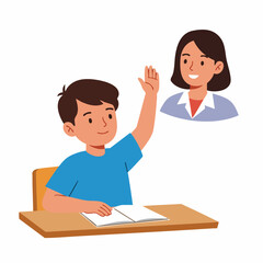 Flat Illustration Student Raising Hand in Classroom with Teacher Character