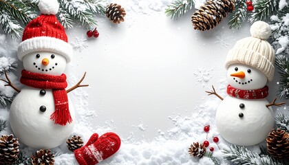 Two snowmen wearing hats and scarves are surrounded by snow, pine cones, and evergreen branches on a white background.