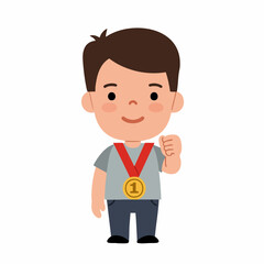 Cute Cartoon Style Little Boy Champion with Gold Medal Illustration