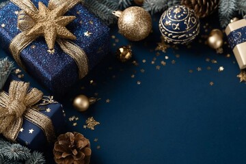 Fototapeta premium Gift Elegance. Overhead image featuring sparkling blue and gold-wrapped gifts, ornaments, radiant star, glitter, pinecones, frosty evergreen branches against rich blue backdrop for greeting or advert