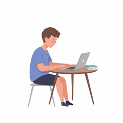 Cartoon Style Focused Boy Studying at Laptop Illustration on White Background