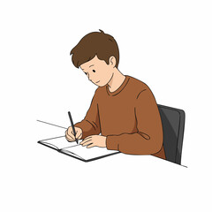 Simple Line Art Boy Writing on Paper at Desk Illustration