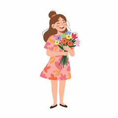 Cartoon Smiling Young Woman Holding Colorful Flower Bouquet Illustration