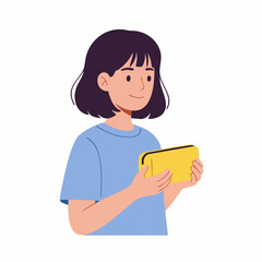 Flat Style Playful Girl Holding Tablet Device Digital Technology Illustration
