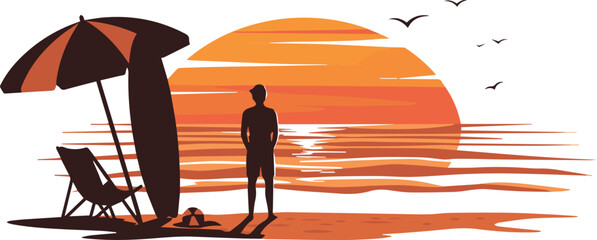 A tranquil tropical beach sunset with a silhouetted figure, surfboard, and umbrella, capturing the serene beauty of the ocean's edge at dusk