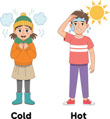 Cartoon illustration of children feeling hot and cold, boy sweating under sun, girl shivering in winter, weather temperature concept, climate, seasons, heat, cold