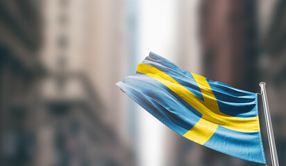 Sweden national flag waving on street. A beautiful with mast with blur buildings. Sweden national...