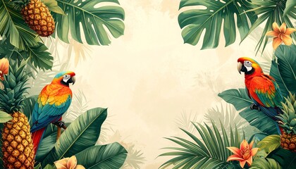 Two vibrant parrots perched amidst lush tropical foliage, pineapples, and flowers.