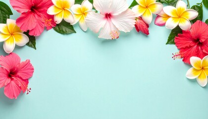 Colorful hibiscus and plumeria flowers arranged in a border at the top and left side of a light blue background.