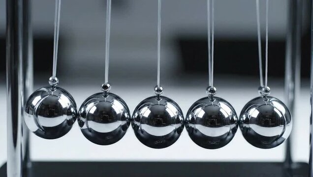 Newton's Cradle Kinetic Energy Transfer Gleaming Steel Balls in Dynamic Motion, Illustrating Physics, Harmony  Perpetual Balance