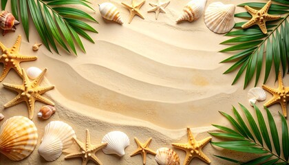 A sandy beach scene with seashells, starfish, and tropical palm leaves arranged around a central space.