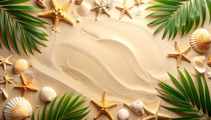 Sandy beach scene with starfish, seashells, and tropical palm leaves arranged around a central area.