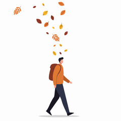 Flat Illustration of Man with Backpack Walking in Autumn Season Scene
