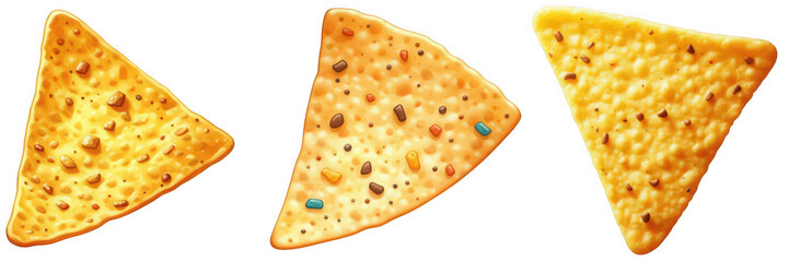 Three triangle shaped tortilla chips with seasoning on a black background png on transparent background