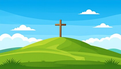A wooden cross stands atop a verdant hill under a bright blue sky