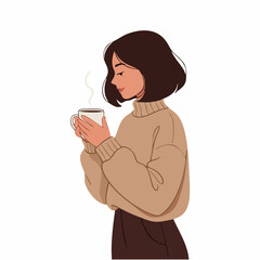 Minimalist Flat Style Brunette Woman Enjoying Hot Drink Illustration