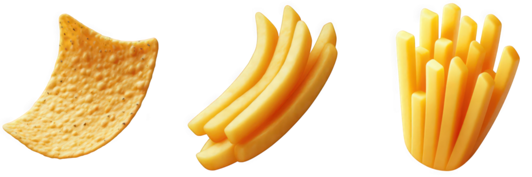 Three types of fried potatoes: chip, thick fries, and regular french fries png on transparent background