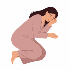 Modern Flat Style Detailed Woman Curled Up Sleeping Position Illustration
