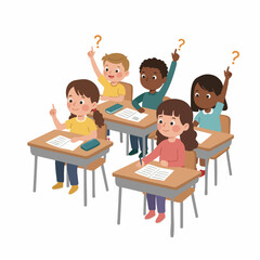 Cartoon Style Diverse Group of Children Raise Hands in Classroom Illustration