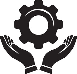 Hands Holding Gear Icon Support Settings and Technical Service Graphic
