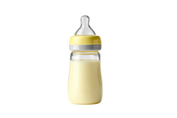 A glass bottle filled with milk is placed on a white surface. The bottle is made of glass and has a yellow and white color scheme. The milk inside the bottle is fresh and ready to be consumed