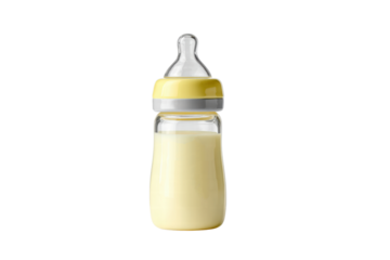 A glass bottle filled with milk is placed on a white surface. The bottle is made of glass and has a yellow and white color scheme. The milk inside the bottle is fresh and ready to be consumed