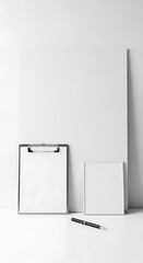 Blank White Board with Clipboard and Pen in Minimalist Studio
