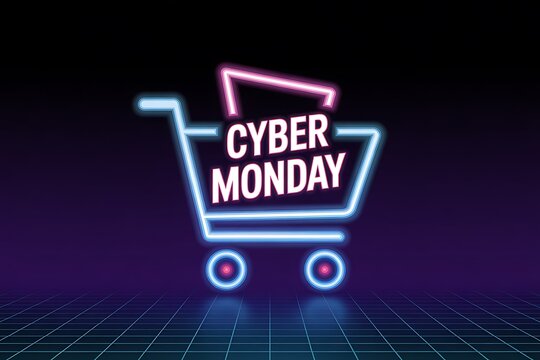 Dynamic neon shopping cart glows with 'Cyber Monday' text, promising incredible online deals and digital retail excitement