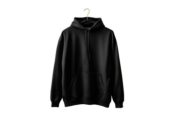 A black hoodie is hanging on a hanger. The hoodie is unzipped and has a pocket