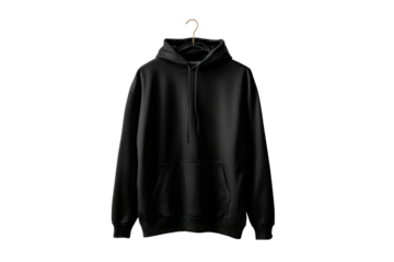 A black hoodie is hanging on a hanger. The hoodie is unzipped and has a pocket